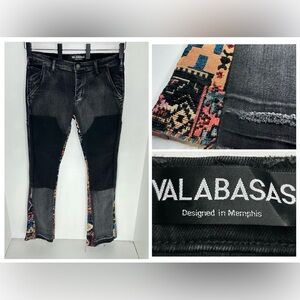Valabasas Black Denim Jeans Men 34 Woven Textile Inlay Button Fly USA Boho 36x35